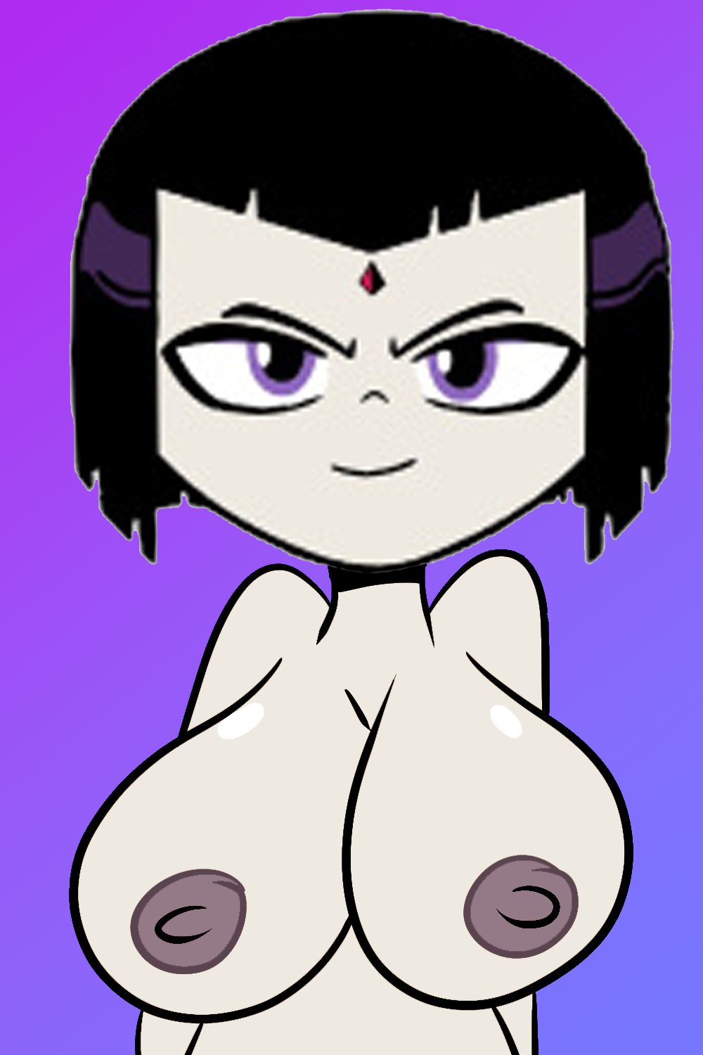 1girl 2024 black_hair breasts cartoon_network closed_mouth dc_comics edit female_only goth goth_girl grey_nipples grey_skin grin looking_at_viewer nipples purple_eyes raven_(dc) scobionicle99 shiny shiny_skin smiling_at_viewer tagme teen_titans teen_titans_go