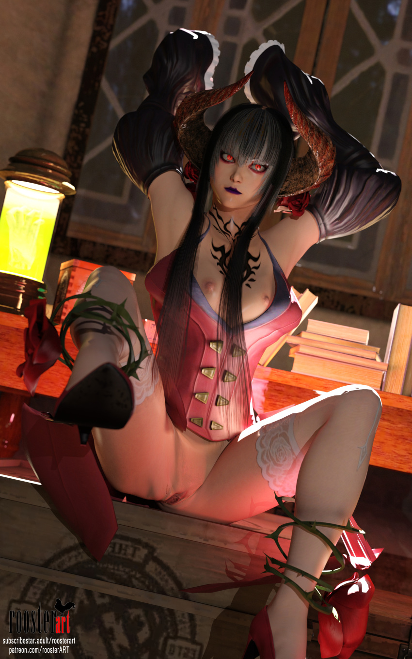 10:16 1girl 1girls 3d 3d_(artwork) 4k breasts chest_tattoo closed_mouth dark_hair eliza_(tekken) female_focus hands_up horns indoors legs_open light-skinned light-skinned_female light_skin long_hair namco open_eyes open_legs pantyhose partially_clothed patreon patreon_username pussy red_eyes red_shoes room roosterart rose rose_(flower) shaved_pussy shoes shoes_on small_breasts solo_female solo_focus subscribestar subscribestar_username tekken video_game video_game_character video_game_franchise white_pantyhose