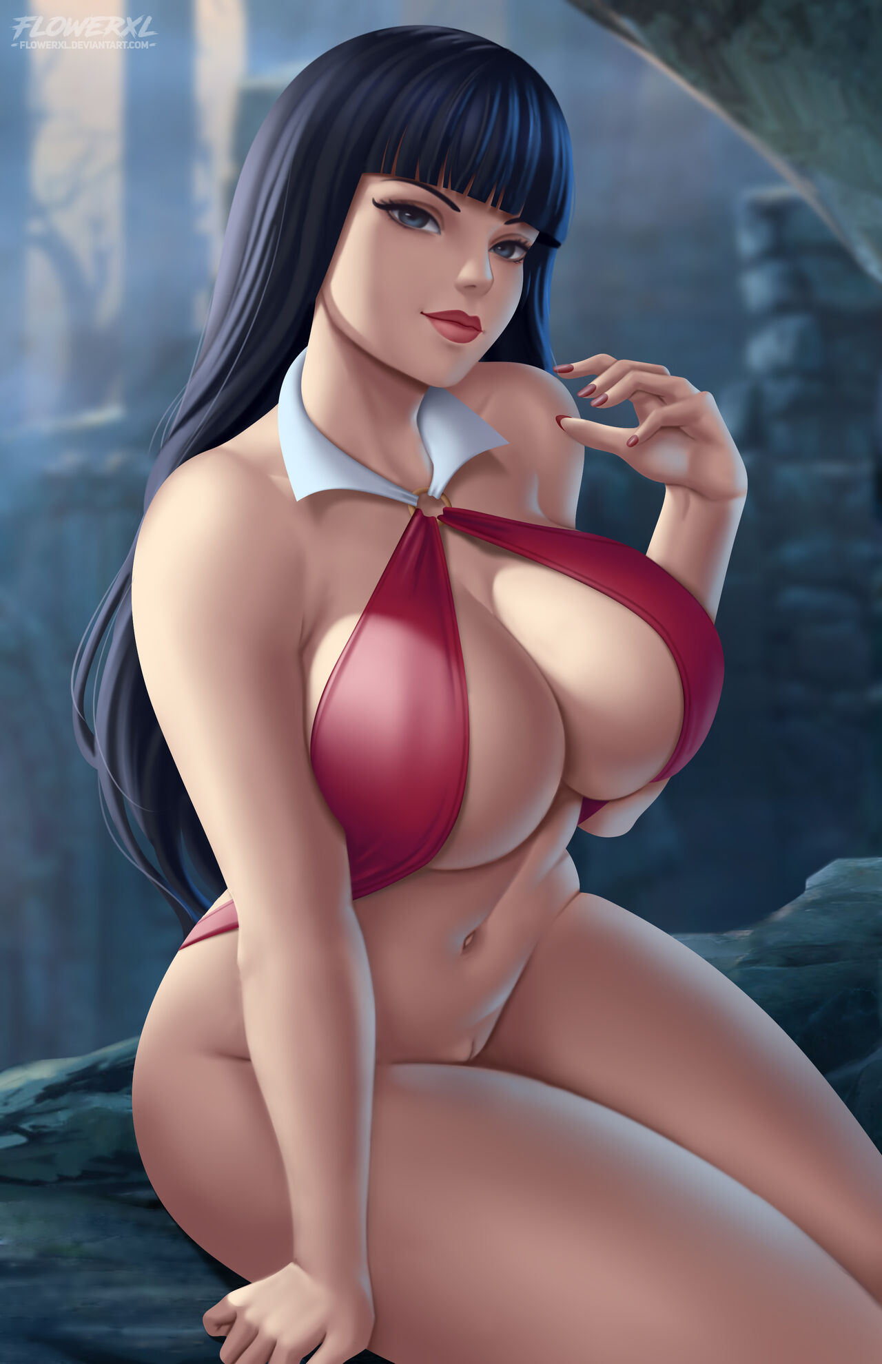1girl 1girl 1girls big_breasts big_breasts black_hair blue_eyes breasts cleavage comic_book_character dynamite_comics female_only flowerxl light-skinned_female light_skin long_hair looking_at_viewer no_panties pussy red_nails sitting sling_bikini thick_thighs vampirella