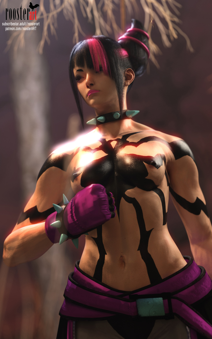 10:16 1girl 1girl 1girl 1girls 3d 3d_(artwork) 4k bare_shoulders belly belly_button breasts closed_mouth collar dark_hair erect_nipples female_focus fighting_gloves fit_female forest gloves juri_han multicolored_hair muscle muscle nipples open_eyes outside patreon patreon_username roosterart shoulders small_breasts solo_female solo_focus spiked_collar standing street_fighter street_fighter_6 subscribestar subscribestar_username tattoo tattoos topless tree