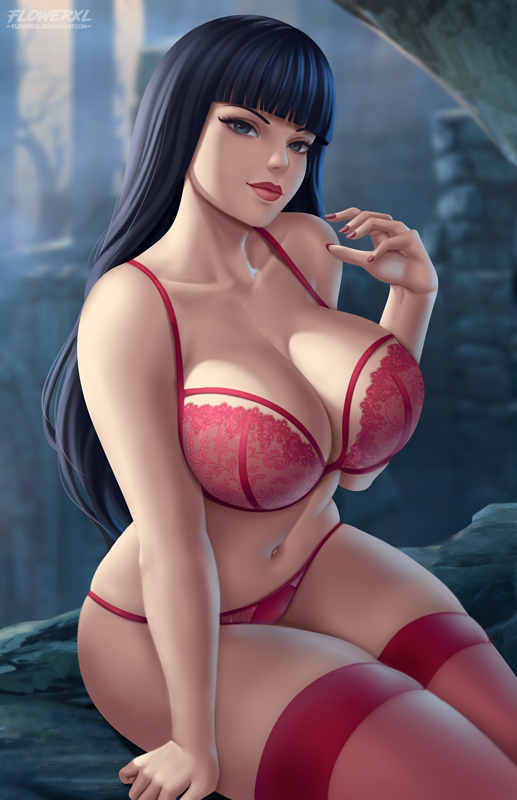 1girl 1girl 1girls bangs big_breasts big_breasts black_hair blue_eyes bra breasts cleavage dark_hair dynamite_comics female_only flowerxl huge_breasts lingerie looking_at_viewer red_lingerie red_lipstick red_stockings stockings thick_thighs thong vampirella voluptuous voluptuous_female