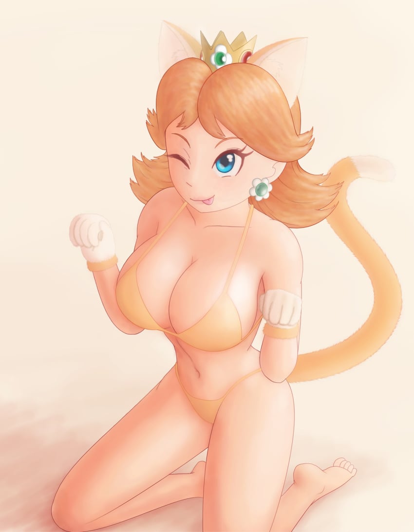 1girl 1girl 1girls :p barefoot belly big_breasts bikini blonde_hair blue_eyes breasts brown_hair cat_daisy cat_ears cat_tail catgirl cleavage crown feet female_only huge_breasts human jewelry kneel looking_at_viewer mario_(series) midriff nintendo one_eye_closed orange_bikini princess_daisy saf-404 safartwoks safartworks sideboob smile super_mario_3d_world super_mario_bros. swimsuit tail thick_thighs tongue tongue_out w_arms wide_hips