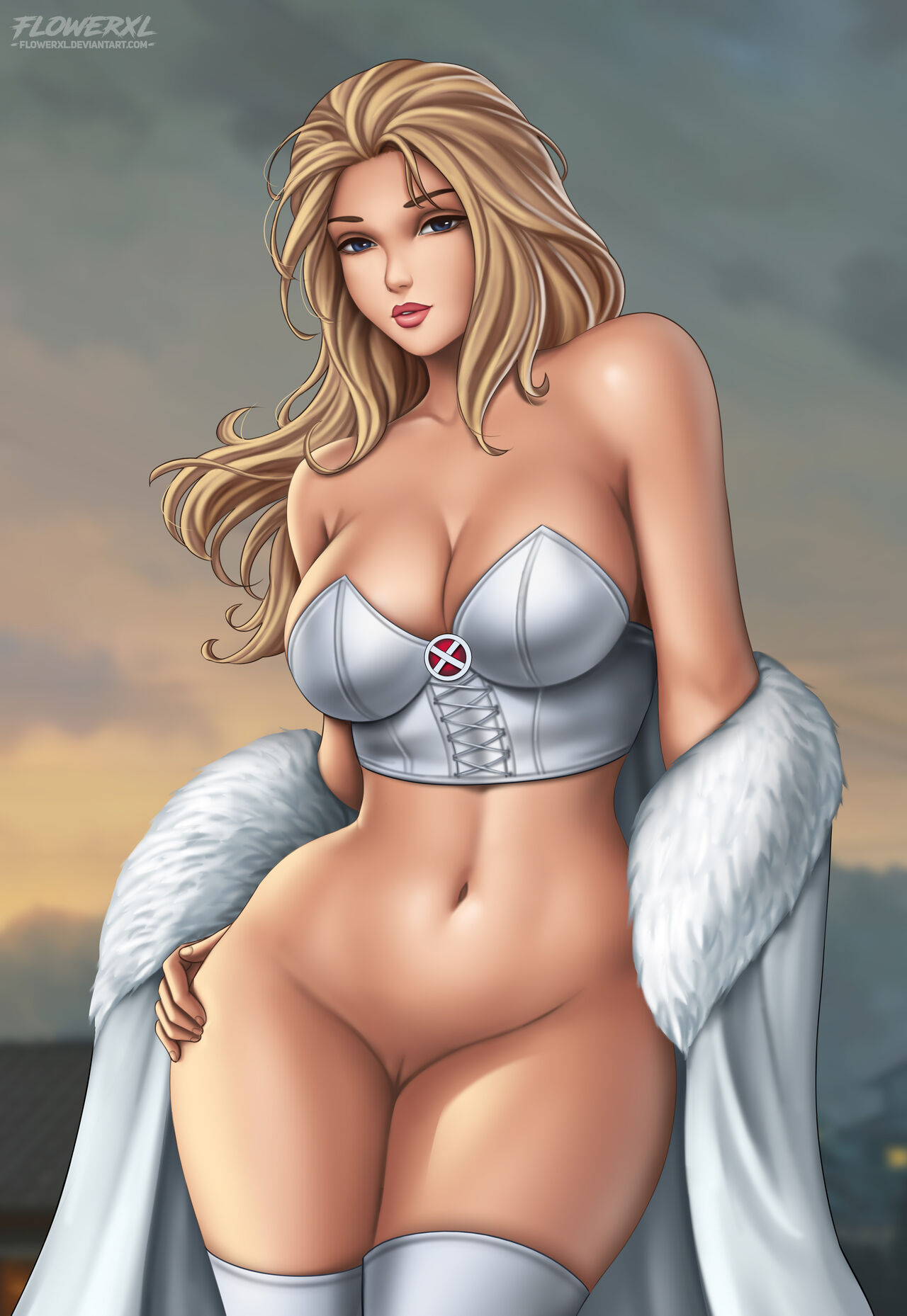 1girl 1girl alternate_version_available artist_logo big_breasts big_breasts black_eyebrows blonde_female blonde_hair blue_eyes breasts coat comic_book_character detailed_background emma_frost female_only flowerxl girls hand_on_thigh long_hair marvel marvel_comics no_panties pale-skinned_female pussy thighs white_high_heels white_queen white_topwear widescreen x-men