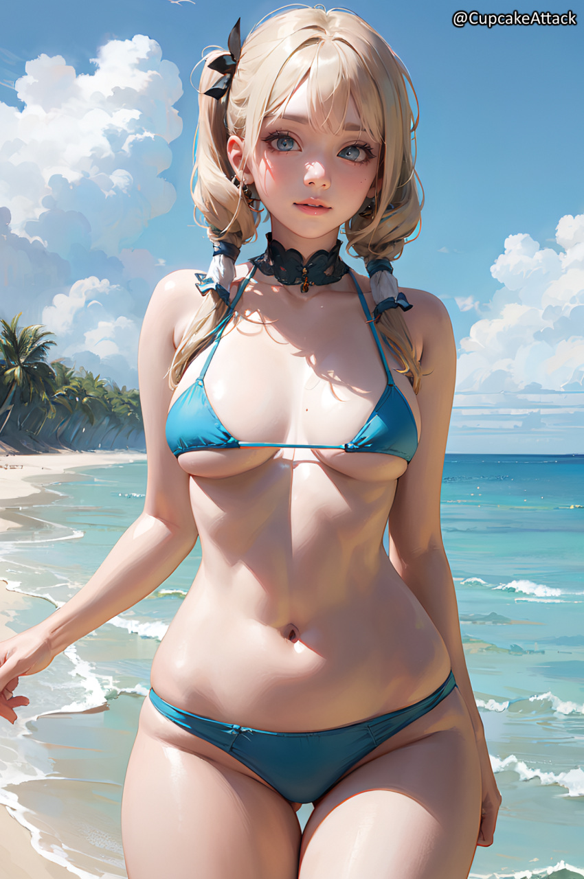 1girl 1girls ai_generated beach blonde_hair blue_eyes cupcakeattack dead_or_alive looking_at_viewer marie_rose slim_waist small_breasts swimsuit twin_tails wide_hips