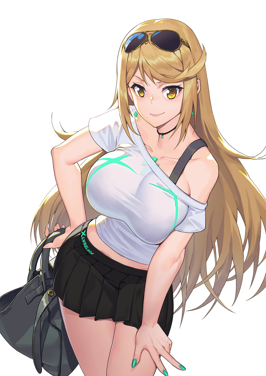 1girls alluring bag big_breasts big_breasts black_skirt blonde_hair choker core_crystal crop_top earrings holding_bag long_hair looking_at_viewer madyy midriff mythra nintendo painted_fingernails skirt sunglasses sunglasses_on_head white_crop_top xenoblade_(series) xenoblade_chronicles_2 yellow_eyes