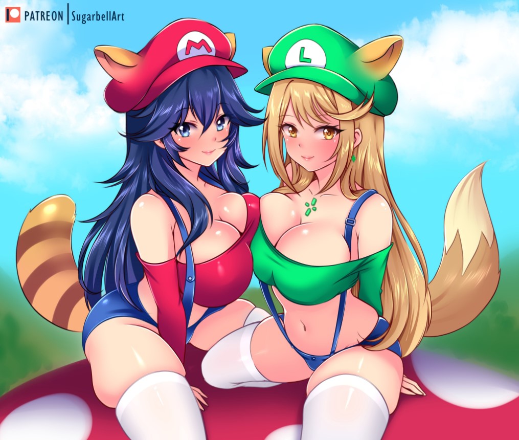 2_girls alluring alternate_breast_size bangs big_breasts blonde_hair blue_eyes blue_hair breast_squish clothing clouds company_connection core_crystal cosplay crossover crystal earrings female_only fire_emblem fire_emblem_awakening fox_ears fox_tail grin hat jean_shorts jewelry leggings long_hair long_sleeves looking_at_viewer lucina lucina_(fire_emblem) luigi_(cosplay) mario_(cosplay) mario_(series) midriff mushroom mythra mythra_(xenoblade) nintendo overalls raccoon_ears raccoon_tail shorts sitting smiling_at_viewer sugarbell super_mario_3d_land swept_bangs xenoblade_(series) xenoblade_chronicles_2 yellow_eyes