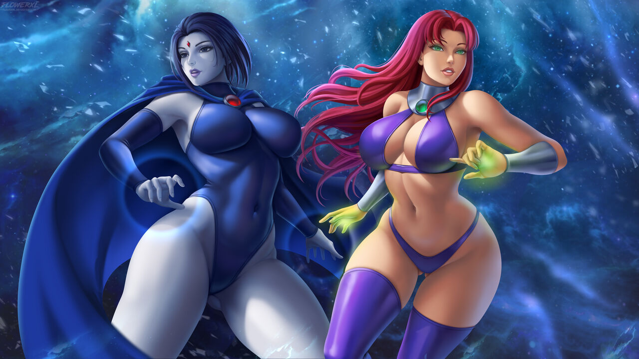 1girl 2_girls 5_fingers alien alien_girl alternate_version_available belly_button belt big_breasts big_breasts big_breasts bikini bikini_bottom bikini_top blue_eyes blue_hair boots bracelet bracelets breasts cape cleavage clothed clothed_female clothes clothing collar color colored cosplay curvaceous curvy curvy_figure dark_hair dc_comics dc_comics eyelashes eyeshadow female_only flowerxl forehead_jewel glowing_eyes green_eyes grey_skin hair hourglass_figure humanoid leotard lipstick long_hair looking_away makeup medium_hair midriff multiple_females multiple_girls navel no_bra no_panties no_underwear open_eyes orange_skin outfit purple_lips purple_lipstick purple_thighhighs raven_(dc) red_hair revealing_clothes round_ears simple_background skimpy_clothes starfire stockings stomach straight_hair superhero_costume superheroine swimsuit tamaranean teen_titans teeth thick_thighs thin_waist tight_clothing uncensored uniform very_long_hair voluptuous wide_hips