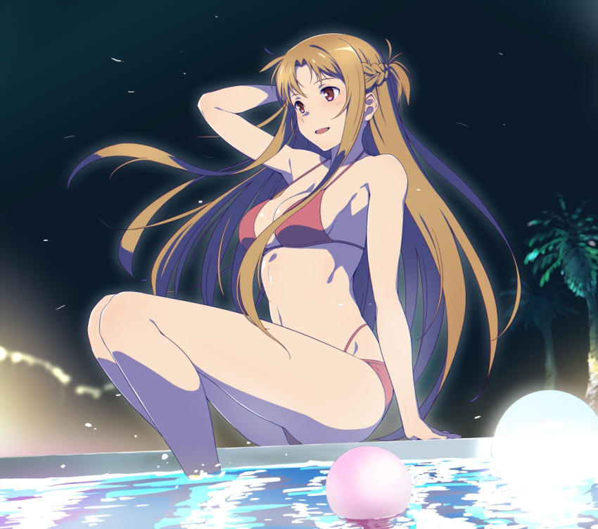 1girl alluring alternate_costume arm_up asuna_(sao) bare_legs bikini braid breasts brown_eyes brown_hair commentary_request floating_hair french_braid long_hair medium_breasts navel night night_sky open_mouth outside palm_tree partially_submerged pool puge red_bikini short_ponytail sky smile swimming_pool swimsuit sword_art_online tree very_long_hair