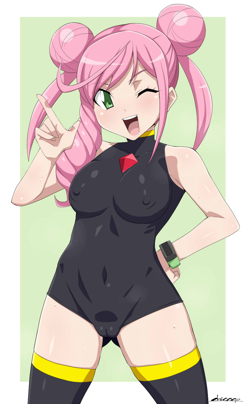1girl black_swimsuit breasts female female_only green_eyes luna_nishinotoin medium_breasts pink_hair pussy_visible_through_clothes swimsuit tagme wink
