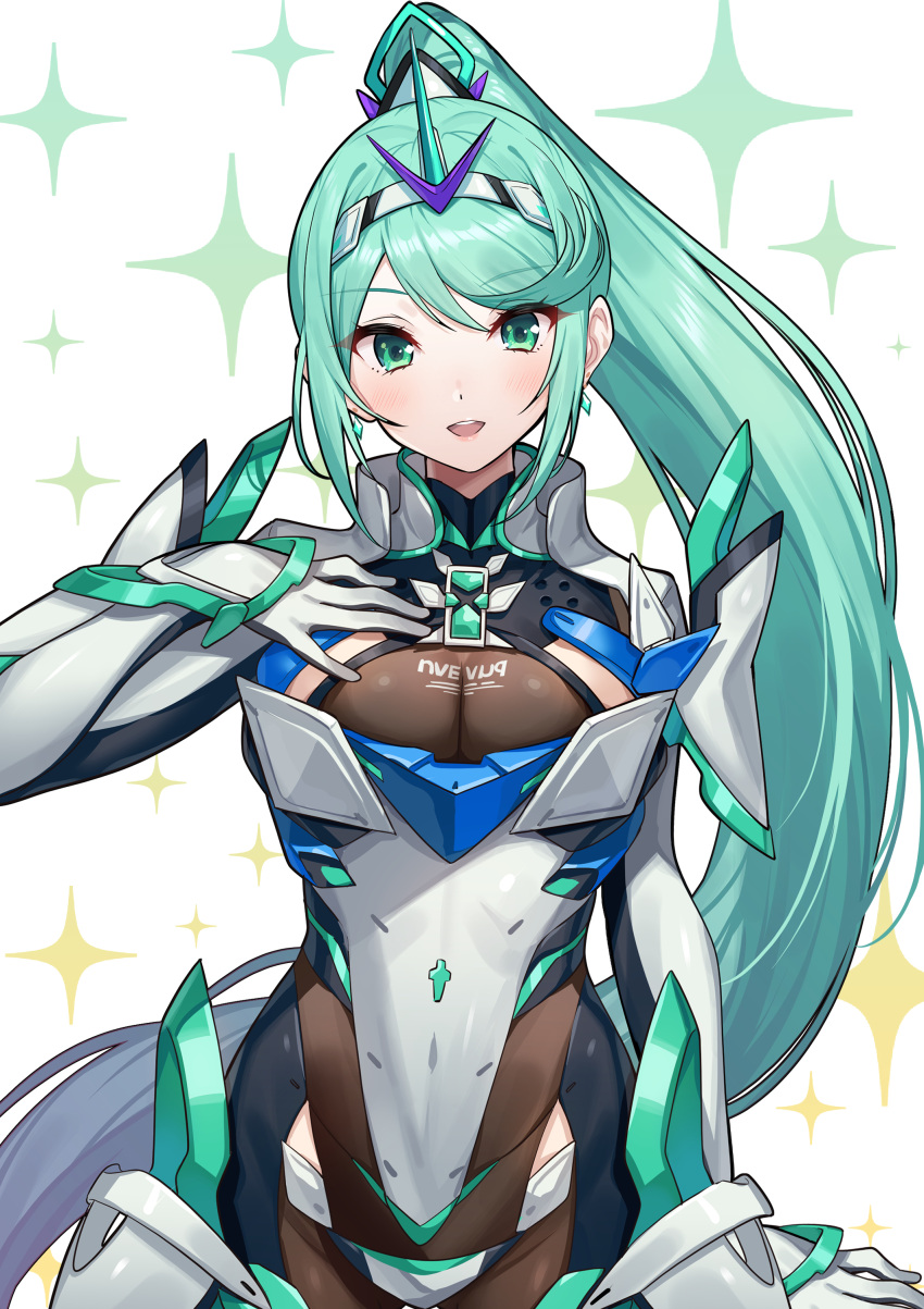 1girl 1girl absurd_res alluring big_breasts breasts chest_jewel green322 green_hair high_res long_hair nintendo pneuma_(xenoblade) ponytail very_long_hair xenoblade_(series) xenoblade_chronicles_2