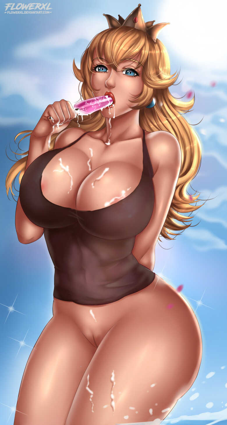 1girl 1girl 1girls alternate_costume big_breasts big_breasts blonde_hair blue_eyes blue_sky breasts cleavage covering_breasts crown earrings female_only flowerxl food hips holding_food hourglass_figure huge_breasts ice ice_cream ice_cream_on_breasts jewelry legs lipstick long_hair looking_at_viewer mario_(series) nintendo nipples no_shorts oral_insertion pinup popsicle princess princess_peach pussy red_lipstick sexually_suggestive shorts standing sweets tank_top thighs very_long_hair voluptuous voluptuous_female