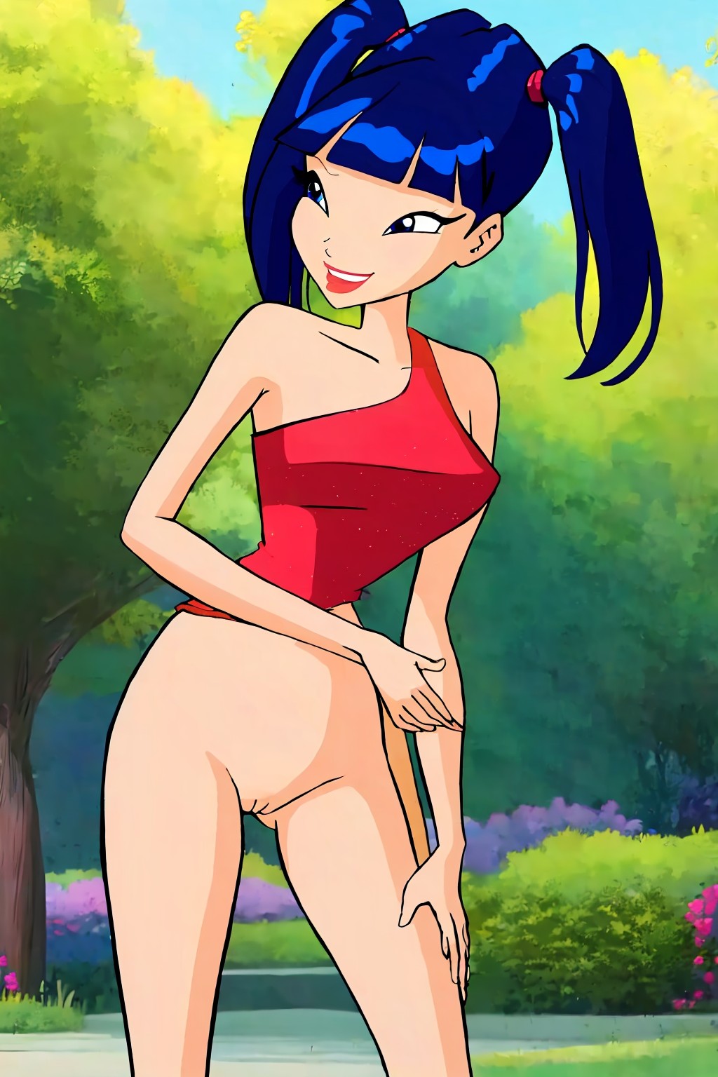 1girl bare_legs blue_hair bottomless light-skinned_female musa_(winx_club) naked_from_the_waist_down no_panties no_pubic_hair no_underwear partially_clothed pussy shaved_pussy winx_club