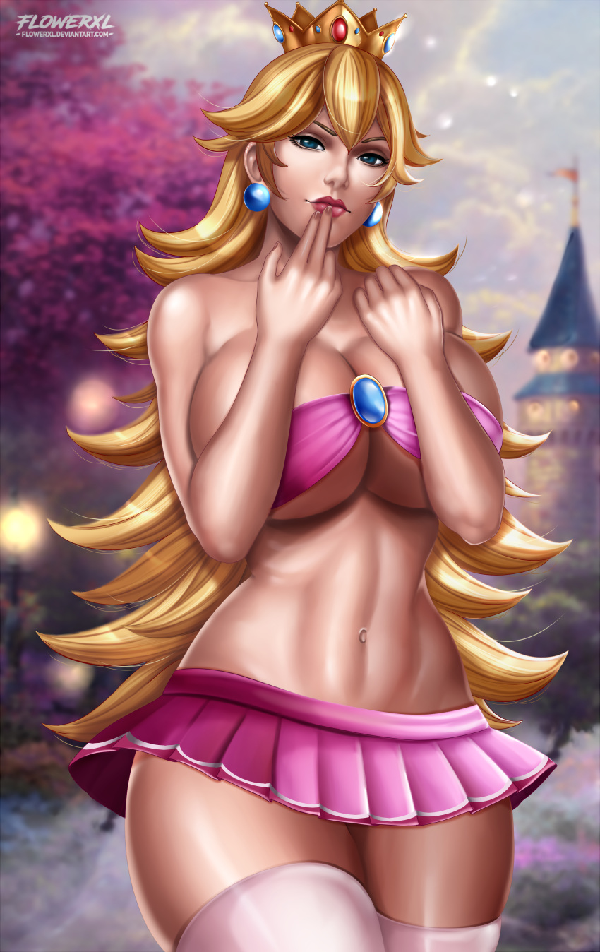 1girl 1girl 1girls alternate_breast_size alternate_version_available arms_on_breasts artist_logo ball_earrings blonde_hair blue_earrings blue_eyes breasts castle_background cleavage covering_nipples crown detailed_background elbow_gloves female_focus female_only flowerxl garter_belt gold_crown hand_on_breast hand_on_mouth huge_breasts huge_image human long_hair looking_at_viewer mario_(series) nintendo pink_bra pink_lipstick pink_skirt princess princess_peach ribbon_bra seductive send_kiss stockings thick_body thick_thighs widescreen
