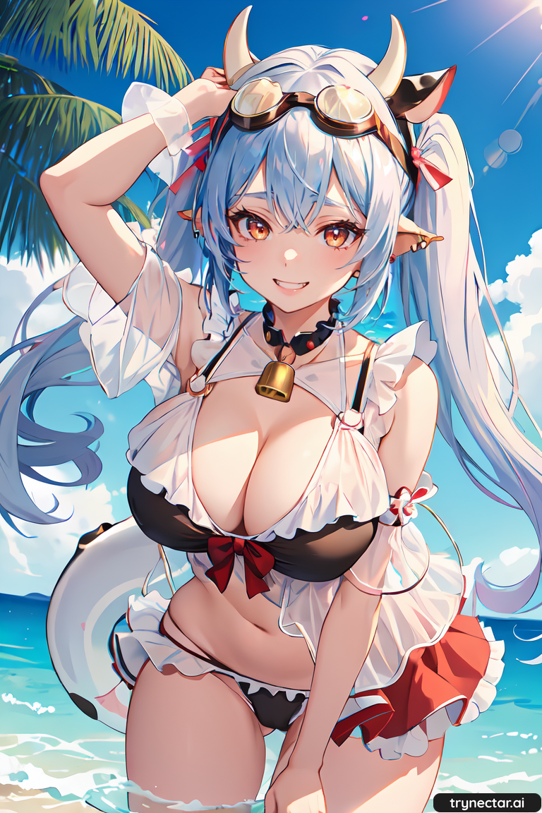 1girl animal_ears animal_print bare_shoulders big_breasts bikini blue_hair breasts cleavage cow_ears cow_girl cow_print goggles goggles_on_head light_blue_hair looking_at_viewer neck_bell pointy_ears print_bikini red_coat swimsuit twin_tails yellow_eyes