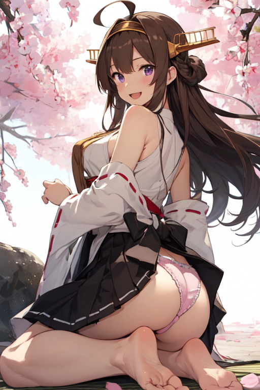 1female 1girl ahoge ai_generated ass bangs breasts brown_hair female_only hd high_res high_resolution kantai_collection kongou_(kantai_collection) light-skinned_female long_hair looking_at_viewer outside panties solo_female violet_eyes wariza