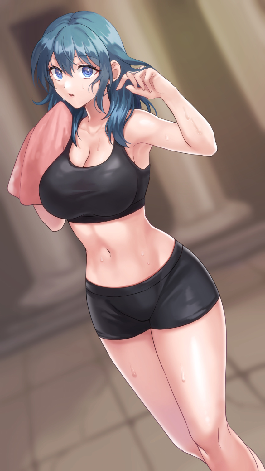 1girl 1girl 1girl absurd_res alluring bare_shoulders big_breasts black_shorts blue_eyes blurry blurry_background byleth_(female)_(fire_emblem) byleth_(fire_emblem) byleth_(fire_emblem)_(female) cleavage commentary crop_top feet_out_of_frame female_only fire_emblem fire_emblem:_three_houses hands_up hazuki_(nyorosuke) high_res long_hair looking_at_viewer midriff navel nintendo parted_lips short_shorts shorts sports_bra standing stomach teal_hair thighs towel