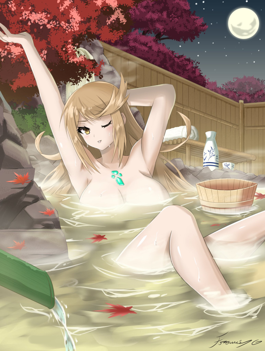 1girl arm_behind_head arms_up bath bathing big_breasts blonde_hair blush chest_jewel collarbone commentary convenient_censoring english_commentary feet_out_of_frame fgsketch gem high_res leaf leaning_back legs long_hair looking_at_viewer moon mythra night night_sky nintendo nude one_eye_closed onsen outside partially_submerged rock shiny_skin sidelocks signature sitting sky steam steam_censor stretching swept_bangs thighs towel tree water_spring wet xenoblade_(series) xenoblade_chronicles_2 yellow_eyes