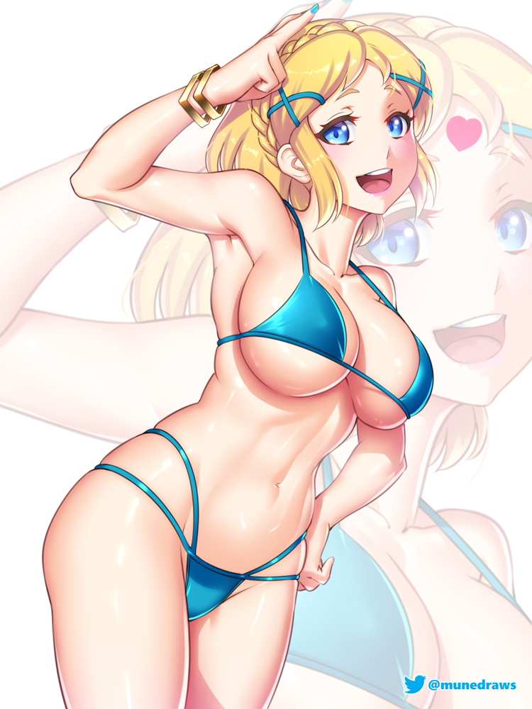 1girl 1girl :d alluring arm_up big_breasts bikini blonde_hair blue_bikini blue_eyes blue_nails braid collarbone commentary crown_braid english_commentary etchimune hand_on_own_hip looking_at_viewer nail_polish navel nintendo open_mouth parted_bangs princess_zelda short_hair smile swimsuit teeth the_legend_of_zelda the_legend_of_zelda:_tears_of_the_kingdom twitter_logo twitter_username upper_teeth_only wristlet zoom_layer