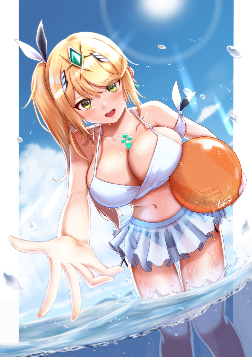 1girl absurd_res alluring alternate_costume ball beachball big_breasts bikini blonde_hair blue_sky breasts chest_jewel cleavage commentary_request day high_res holding holding_ball holding_beachball light_rays long_hair looking_at_viewer mythra nintendo open_mouth outside outstretched_arm outstretched_hand pillarboxed reaching reaching_towards_viewer sky smile swept_bangs swimsuit taro_(peach_taro51) very_long_hair xenoblade_(series) xenoblade_chronicles_2 yellow_eyes