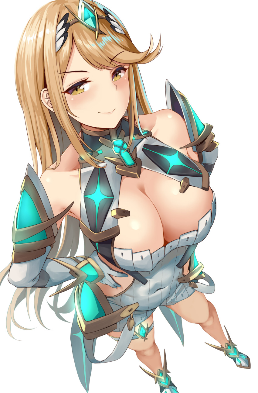 1girl alluring armor bare_shoulders big_breasts blonde_hair cleavage_cutout closed_mouth clothing_cutout commentary_request core_crystal_(xenoblade) covered_navel dress elbow_gloves gloves hand_on_own_hip high_res long_hair looking_at_viewer mythra nintendo sail_(sail-away) short_dress smile swept_bangs thigh_strap tiara white_background white_dress white_gloves xenoblade_(series) xenoblade_chronicles_2 yellow_eyes