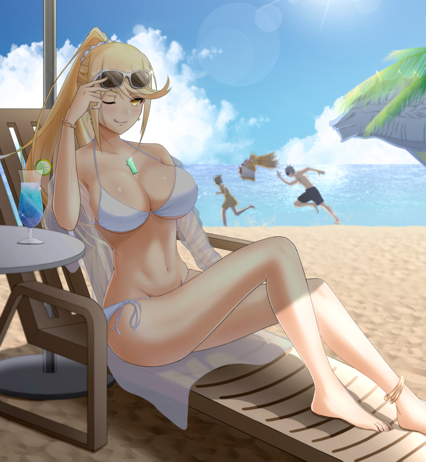 1girl absurd_res adjusting_eyewear alluring alternate_costume arm_up bare_legs barefoot beach big_breasts bikini blonde_hair blush chair cleavage cloud commentary_request covered_erect_nipples cup earrings food fruit glowing high_res jewelry juice lemon long_hair looking_at_viewer mebi_il mythra navel nia nia_(fancy_sundress)_(xenoblade) nia_(xenoblade) nintendo ocean one_eye_closed ponytail sand shadow shiny_skin sitting sky sunglasses swept_bangs swimsuit table tongue tongue_out tora_(best_girl_fan)_(xenoblade_2) tora_(xenoblade_2) umbrella water wet white_bikini xenoblade_(series) xenoblade_chronicles_1 xenoblade_chronicles_2 yellow_eyes zeke_von_genbu_(xenoblade)