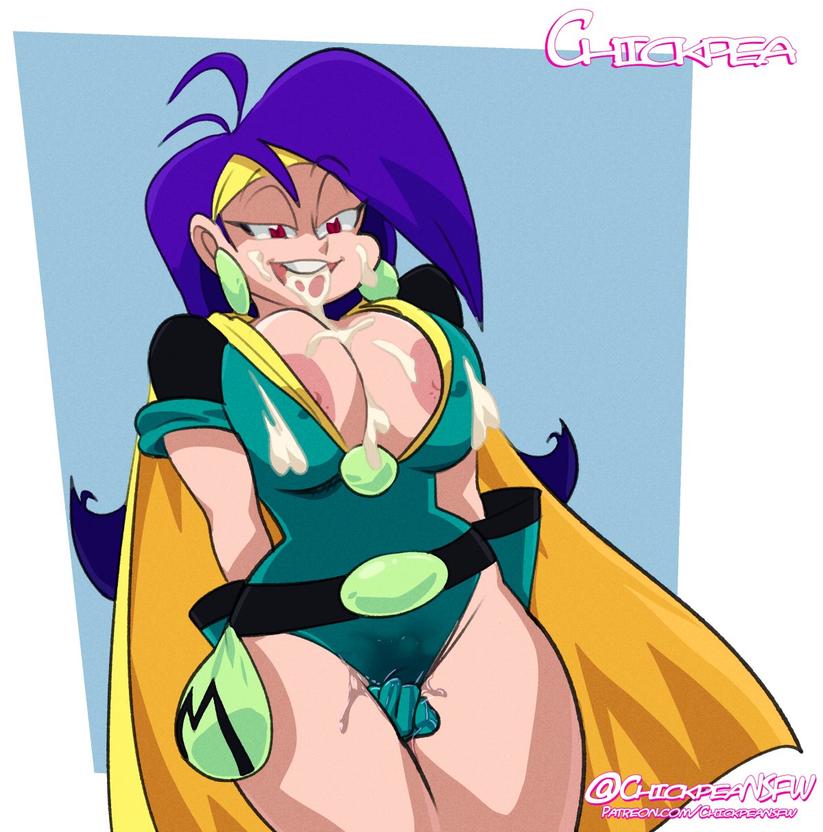 1girl 2020 areola bedroom_eyes blue_background cape cartoon_network chickpea cleavage colored cum cum_in_cleavage cum_in_mouth cum_on_breasts earrings exposed_nipples female_only gloves headband huge_breasts leotard light-skinned_female masturbation mighty_magiswords nipples purple_hair pussy_juice red_eyes rubbing simple_background thighs tongue_out uncensored vambre vambre_warrior wet