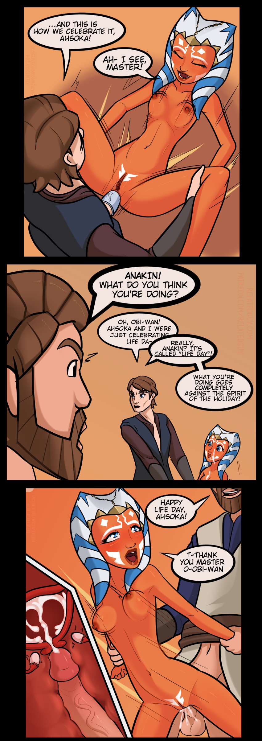 1girl 2boys 2d age_difference ahsoka_tano alien alien_girl alien_humanoid anakin_skywalker anal anal_missionary anal_sex arm_grab arms_behind_back beard big_penis blue_eyes blush bodily_fluids bottomless bottomless_male bouncing_breasts breasts brown_hair caught clone_wars closed_eyes clothed clothed_male clothing comic completely_nude condom cum cum_in_pussy cum_in_uterus cum_inside cum_on_body cum_on_face cumming dialogue ejaculation english_text eyelashes eyes facial_hair facial_mark facial_markings facial_scar fallopian_tubes female female_focus female_penetrated flustered from_above from_behind genitals gullible hair hand_on_leg hand_on_thigh holding holidays horn human human_on_humanoid humanoid impregnation interspecies jedi jedi_knight jedi_master jedi_padawan jiggle leg_grab legs_up life_day light-skinned_male light_skin lipstick long_eyelashes male male_on_top male_penetrating male_penetrating_female markings missionary_position mmf_threesome motion_lines mouth multiple_poses nipples nude nude_female obi-wan_kenobi older_male open_eyes open_mouth orange_background orange_body orange_skin ovaries ovulation panels partially_clothed penetration penile_penetration penis penis_in_pussy penis_out perky_breasts plain_background pubic_tattoo pussy red_lipstick relatedguy robotic_arm rolling_eyes scar scar_across_eye sex sex_education shaved_pussy short_hair side_view slim_waist small_breasts solo_focus speech_bubble spread_legs standing standing_sex star_wars straight student teacher teacher_and_student tentacle tentacle_hair text threesome thrusting thrusting_into_ass togruta trio unprofessional_behavior uterus vaginal_penetration vein veiny_penis watermark white_markings x-ray younger_female