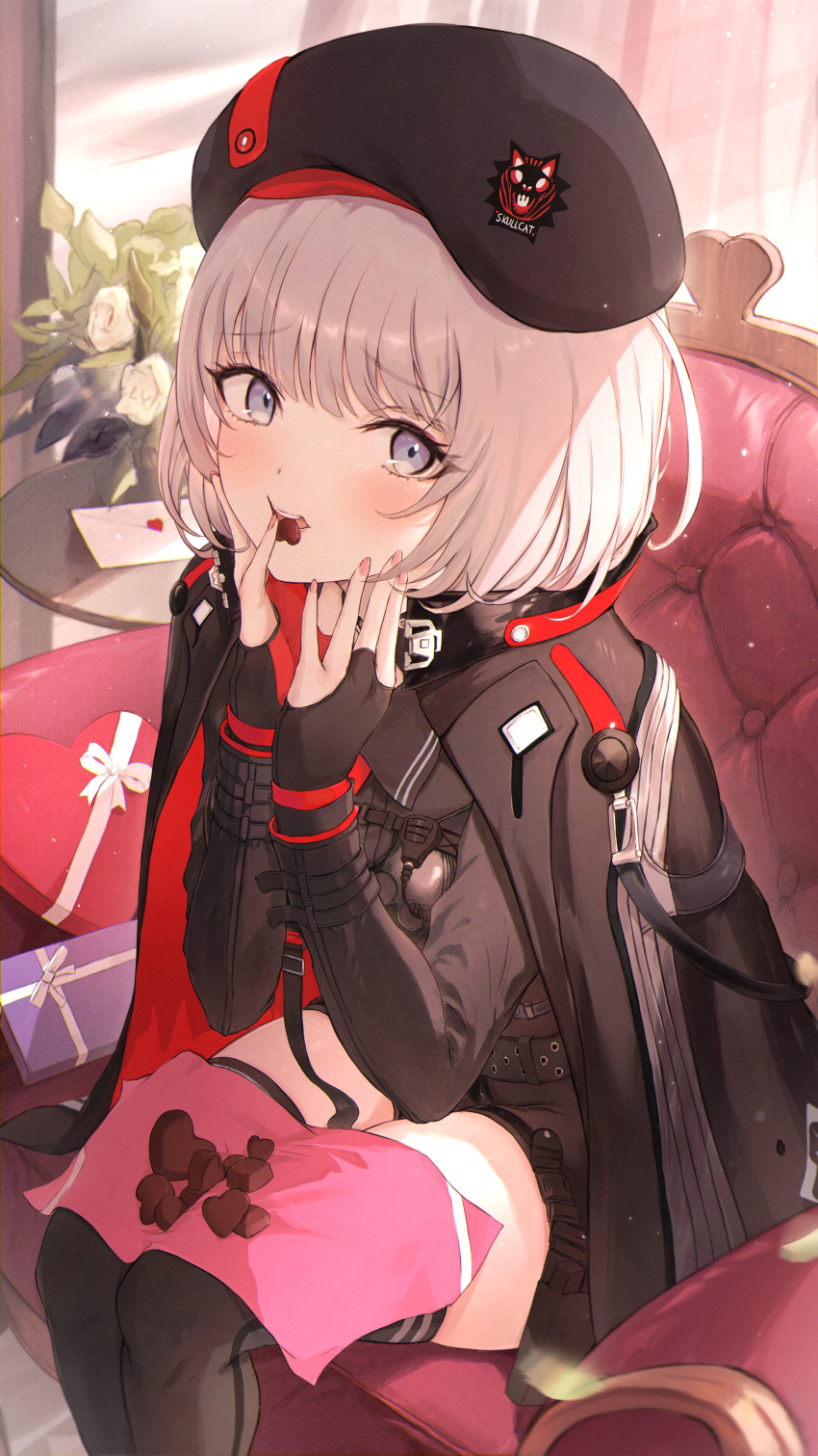 1boy 1girl 1girl absurd_res black_gloves black_hat black_thighhighs blush candy chocolate chocolate_heart fingerless_gloves food food_in_mouth gloves goddess_of_victory:_nikke grey_eyes grey_hair hat heart high_res indoors long_sleeves medium_hair military_uniform napkin on_chair open_mouth plant potted_plant sitting stockings teeth uniform valentine vesti_(nikke) yoyopipa