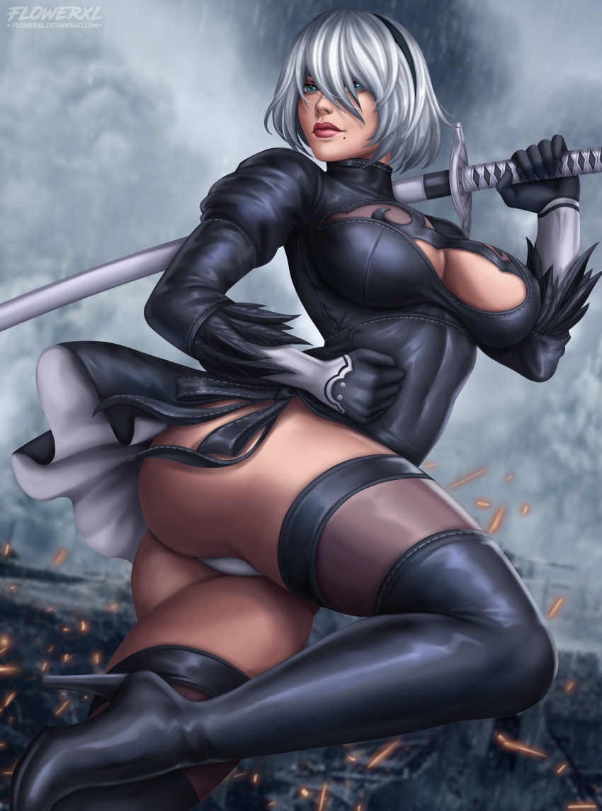 1female 1girl artist_logo artist_name ass black_boots blue_eyes breasts city_background cleavage female_only flowerxl hand_on_weapon leotard looking_at_viewer nier nier:_automata pale-skinned_female pale_skin panties pink_lipstick pinup platinum_hair raining short_hair square_enix stockings sword thick_thighs tiara video_game_character voluptuous voluptuous_female watermark weapon white_hair yorha_2b yorha_no._2_type_b