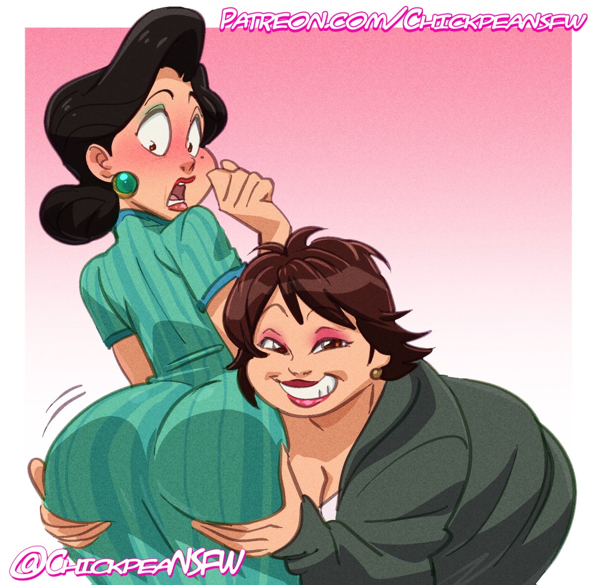 1girl 2023 2_girls asian_female ass ass_grab bbw big_ass big_ass black_hair business_suit butt_grab chickpea cleavage colored disney earrings female_only grabbing_ass gradient_background huge_ass huge_ass incest lily_(turning_red) lily_lee lipstick looking_at_viewer milf ming_lee motion_lines pink_background pixar sfw simple_background smile surprised turning_red