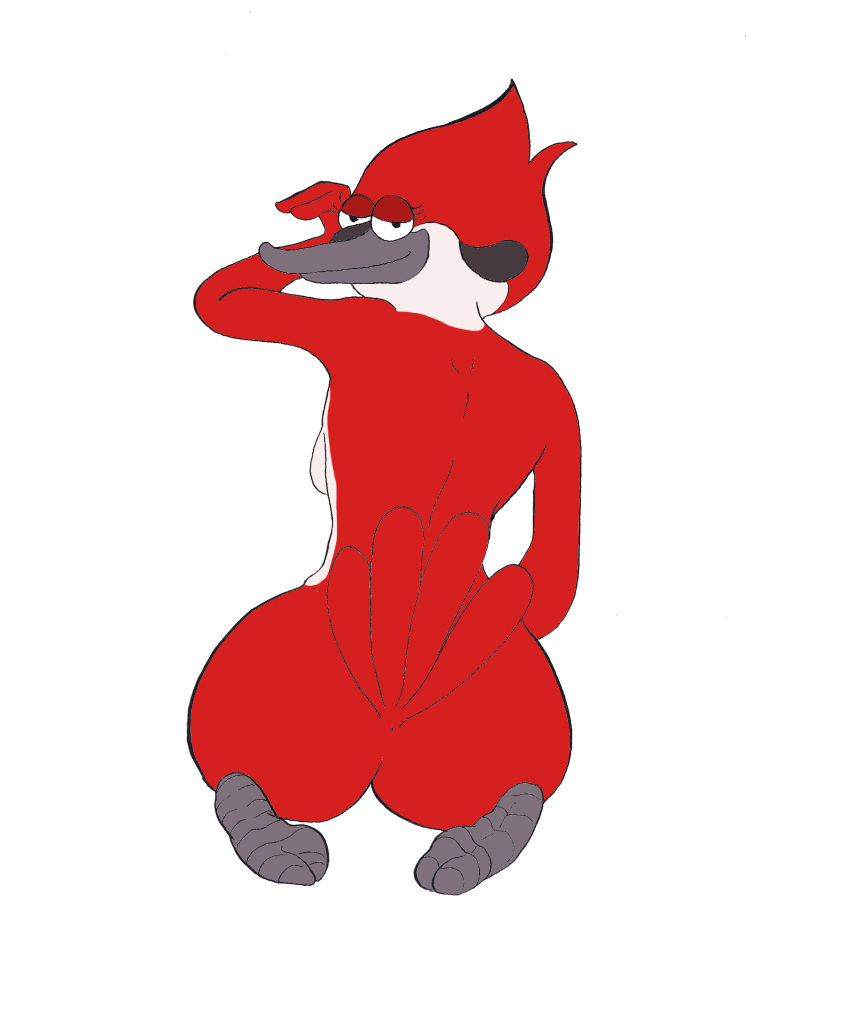 1girl artist_request ass avian beak big_ass bird cartoon_network feathers feet female looking_back margaret_smith_(regular_show) nude raised_tail rear_view red_body red_feathers regular_show sideboob sitting solo