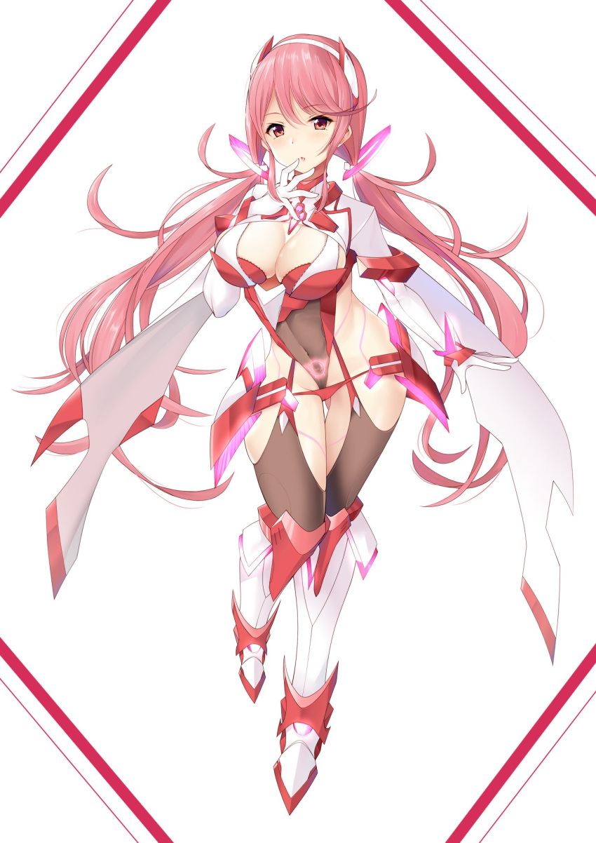 1girl 1girl 1girl alluring big_breasts chest_jewel cleavage cleavage_cutout clothing_cutout daive hand_to_own_mouth high_res long_hair nintendo pink_hair prototype_design pubic_tattoo pyra pyra_(prototype) red_eyes revealing_clothes see-through shrug_(clothing) simple_background tattoo twin_tails very_long_hair xenoblade_(series) xenoblade_chronicles_2