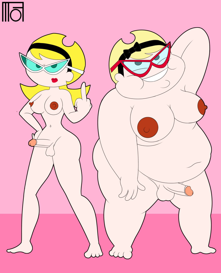 2futas aged_up blonde_hair breasts cartoon_network chubby erection flipping_off futanari light-skinned_female looking_at_viewer mandy_(billy_&amp;_mandy) middle_finger moffoffo nude older penis standing the_grim_adventures_of_billy_and_mandy