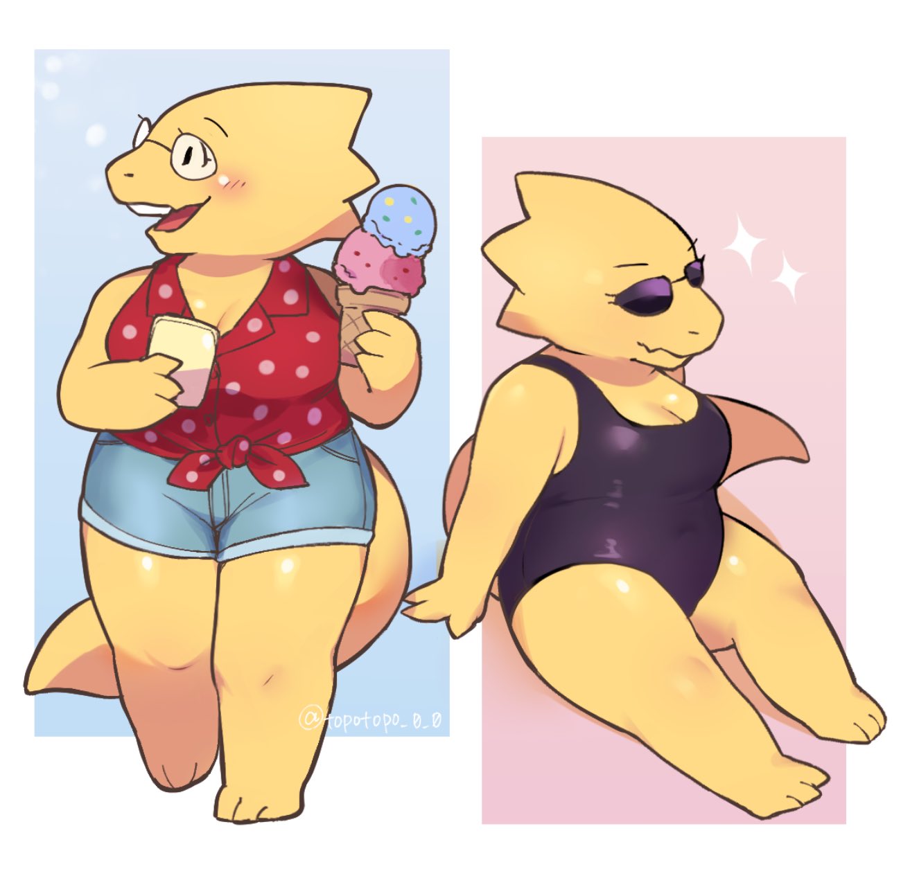 1girl 2020s 2024 2d 2d_(artwork) 3_toes alphys alternate_costume anthro anthro_only arm_support artist_name black_swimsuit blue_bottomwear blue_shorts bottomwear breasts chubby chubby_anthro chubby_female cleavage digital_media_(artwork) feet female_anthro female_only food full_body glasses holding_ice_cream holding_ice_cream_cone holding_object ice_cream ice_cream_cone lizard lizard_girl lizard_tail monster monster_girl multiple_views non-mammal_breasts one-piece_swimsuit open_mouth red_topwear reptile reptile_girl reptile_tail scalie shorts shortstack simple_background sitting solo_anthro solo_female sparkle standing sunglasses swimsuit swimwear tail thick_legs topotopo_0_0 topwear twitter twitter_username undertale undertale_(series) video_game_character video_games yellow_body yellow_skin