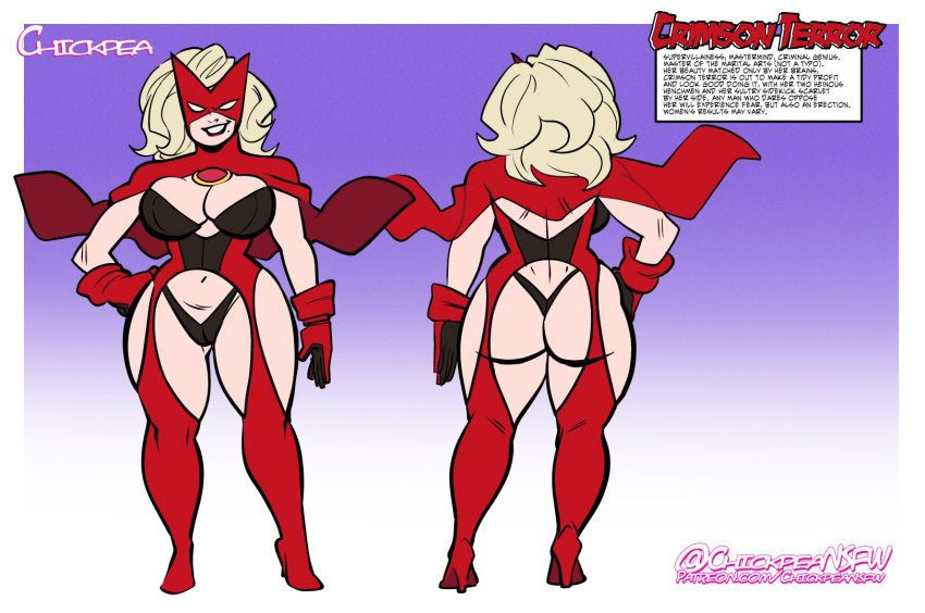1girl big_ass big_breasts blonde_hair breasts brooch cape capelet character_sheet chickpea crimson_terror english_text expressive_mask eyemask fat_ass female_only gloves hand_on_hip high_heels huge_ass light_skin lipstick mask masked_female mole mole_under_mouth original original_character pawg purple_background simple_background smile spandex standing superhero_costume supervillain supervillainess text turnaround