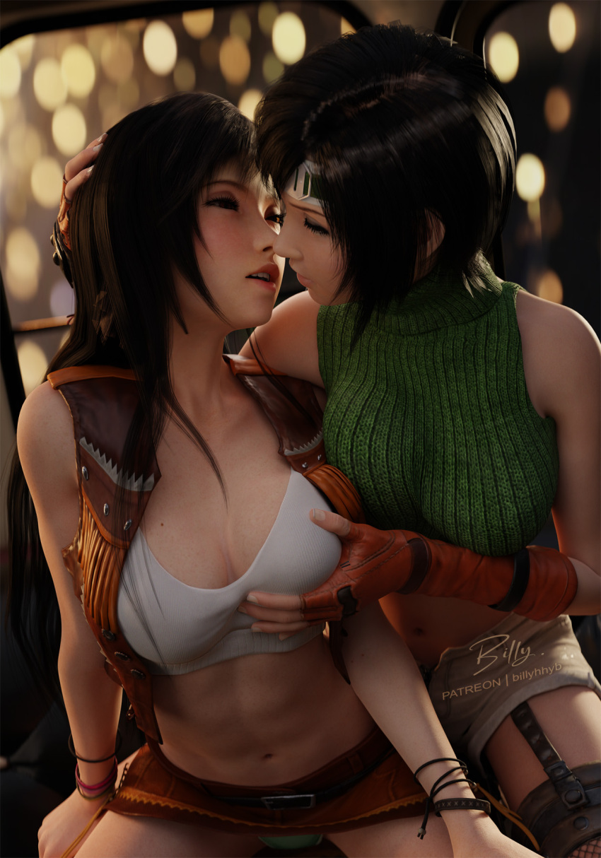 2_girls 3d 3d_model abs alternate_costume belly_button billyhhyb black_hair blush breast_grab breasts brown_eyes brown_hair cowgirl cowgirl_outfit female_only final_fantasy final_fantasy_vii final_fantasy_vii_remake green_clothing headband holding_head imminent_kiss long_hair midriff multiple_girls pantyshot red_eyes short_hair shorts skirt tagme tifa_lockhart vest white_topwear yuffie_kisaragi yuri