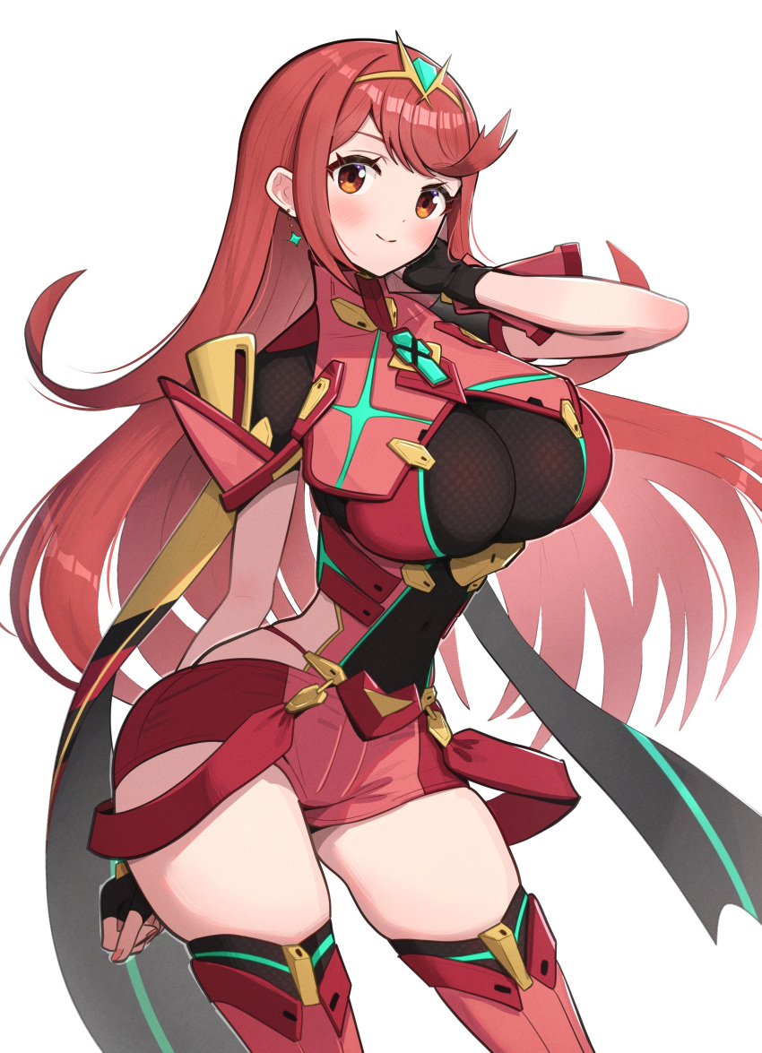 1girl 1girl absurd_res alluring alternate_hair_length alternate_hairstyle arm_behind_back armor backless_outfit big_breasts black_gloves chest_jewel cosplay drop_earrings earrings fingerless_gloves g-string gem gloves gluteal_fold gonzarez high_res jewelry long_hair micro_shorts mythra neon_trim nintendo pyra_(cosplay) red_eyes red_hair red_shorts red_thighhighs short_shorts short_sleeves shorts shoulder_armor skindentation smile stockings suspenders swept_bangs thick_thighs thighs thong tiara very_long_hair xenoblade_(series) xenoblade_chronicles_2