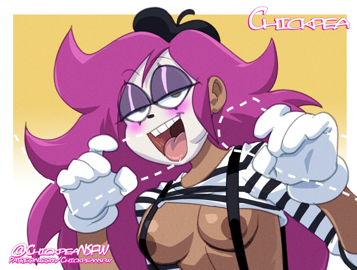 1girl 1girls 2021 bedroom_eyes beret breasts cartoon_network chickpea colored dark-skinned_female enid facepaint female_only invisible_penis long_hair makeup mime mime_enid nipples ok_k.o.!_let's_be_heroes purple_hair simple_background tongue_out yellow_background