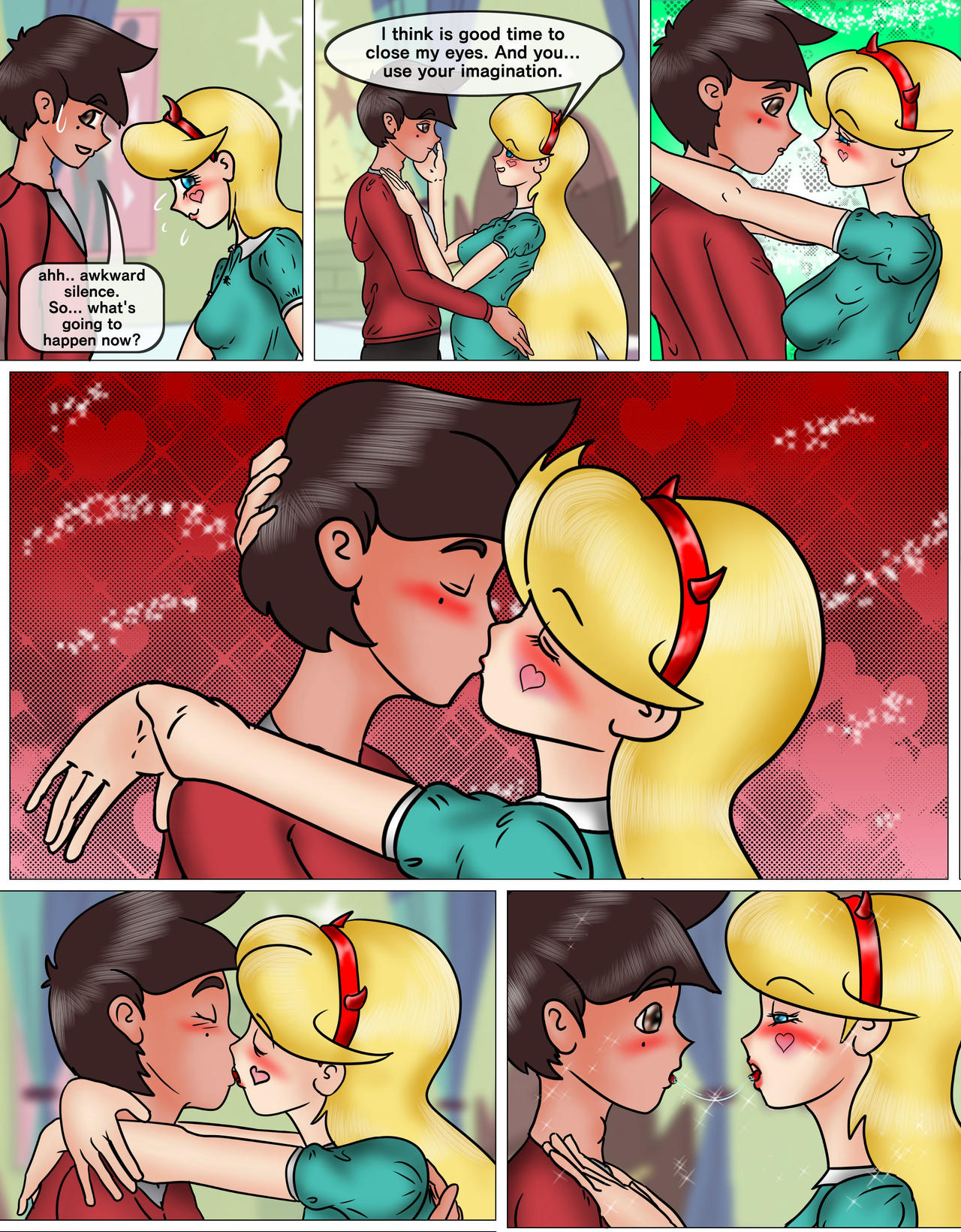 1boy 1girl blonde_hair blue_eyes brown_eyes brown_hair canon_couple comic french_kiss horns marco_diaz saliva saliva_trail star_butterfly star_vs_the_forces_of_evil