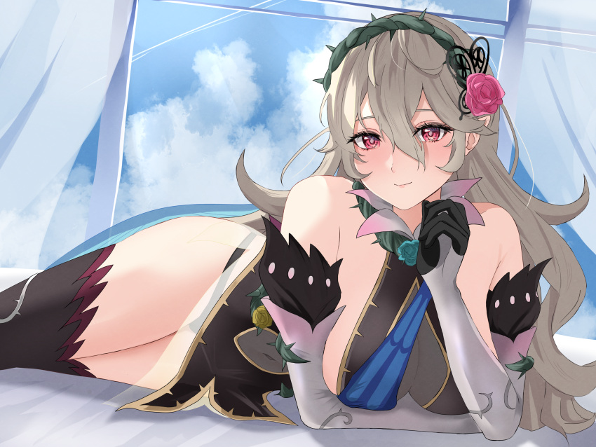 1girl 1girl 1girl absurd_res alluring alternate_costume bare_shoulders bare_thighs bed_sheet black_panties cape corrin_(female)_(fire_emblem) corrin_(fire_emblem) corrin_(fire_emblem)_(female) corrin_(resplendent)_(fire_emblem)_(female) dress elbow_gloves female_only fire_emblem fire_emblem_fates fire_emblem_heroes gloves hair_ornament hairband high_res inner_thighs long_hair looking_at_viewer lying medium_breasts nintendo official_alternate_costume on_bed on_side panties panty_straps peli_cantaro pointy_ears red_eyes see-through sleeveless sleeveless_dress smile stockings thighs thorns underwear white_hair