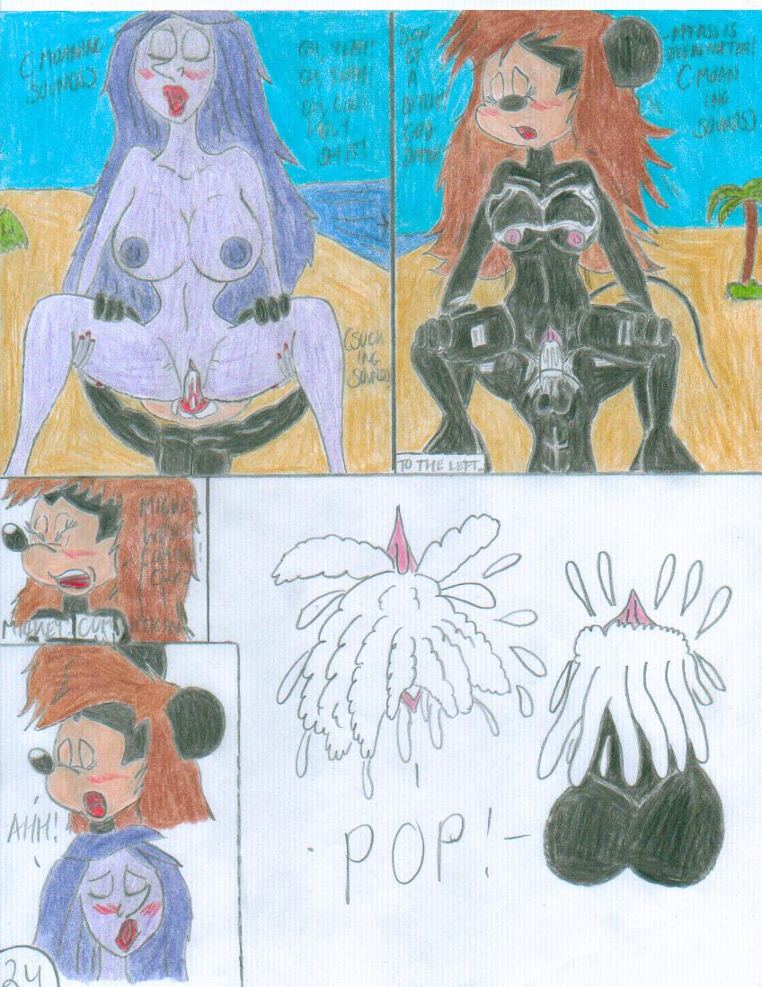 1boy 2_girls beach brown_hair comic crossover cum disney disney_channel green_eyes lipstick madam_mim mickey_mouse minnie_mouse mouse purple_hair shrekrulez the_sword_in_the_stone witch