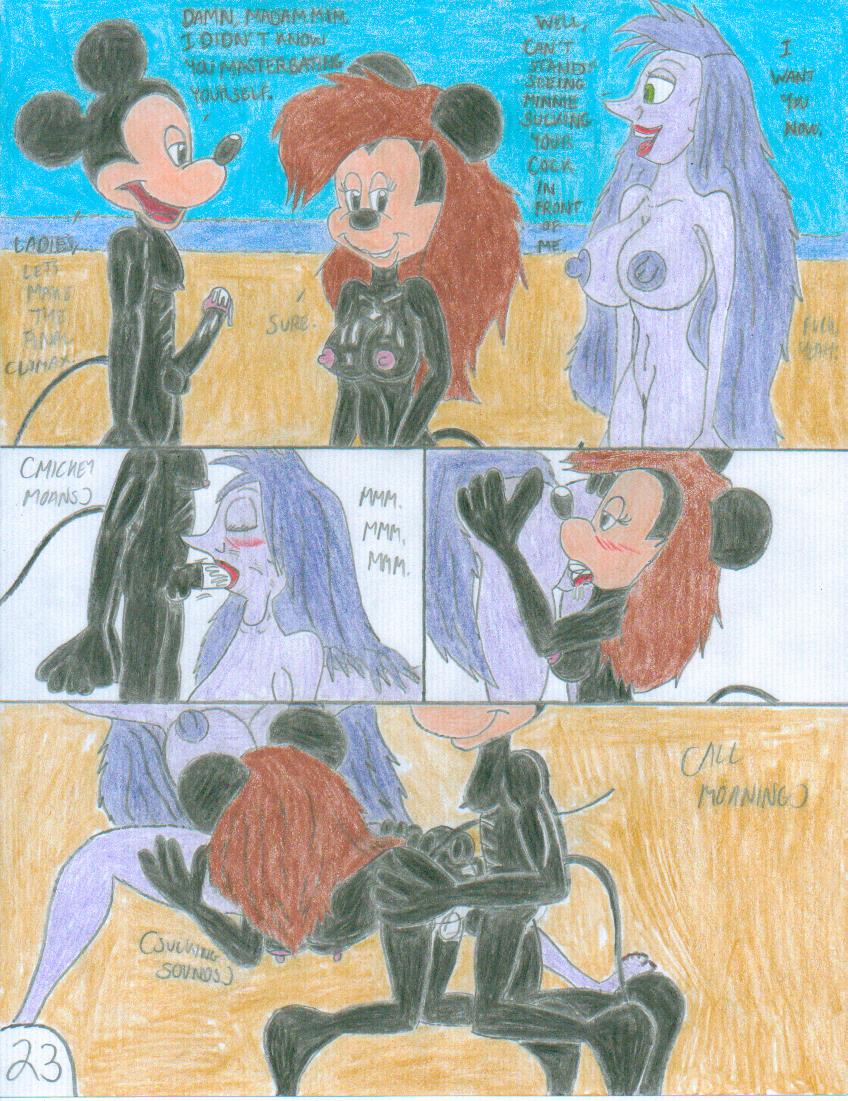 1boy 2_girls beach brown_hair comic crossover disney disney_channel green_eyes licking_pussy lipstick madam_mim mickey_mouse minnie_mouse mouse penis_in_mouth purple_hair shrekrulez the_sword_in_the_stone witch