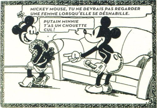 1930s 1boy 1girl 1girl artist_request ass black_border black_fur comic compression_artifacts disney erect_penis erection french_text from_behind fur furry furry_only high_heels imminent_sex looking_back male mickey_mouse minnie_mouse monochrome mouse panties penis penis_out pointing shirtless shorts sofa source_request straight tail text tijuana_bible topless undressing vintage what