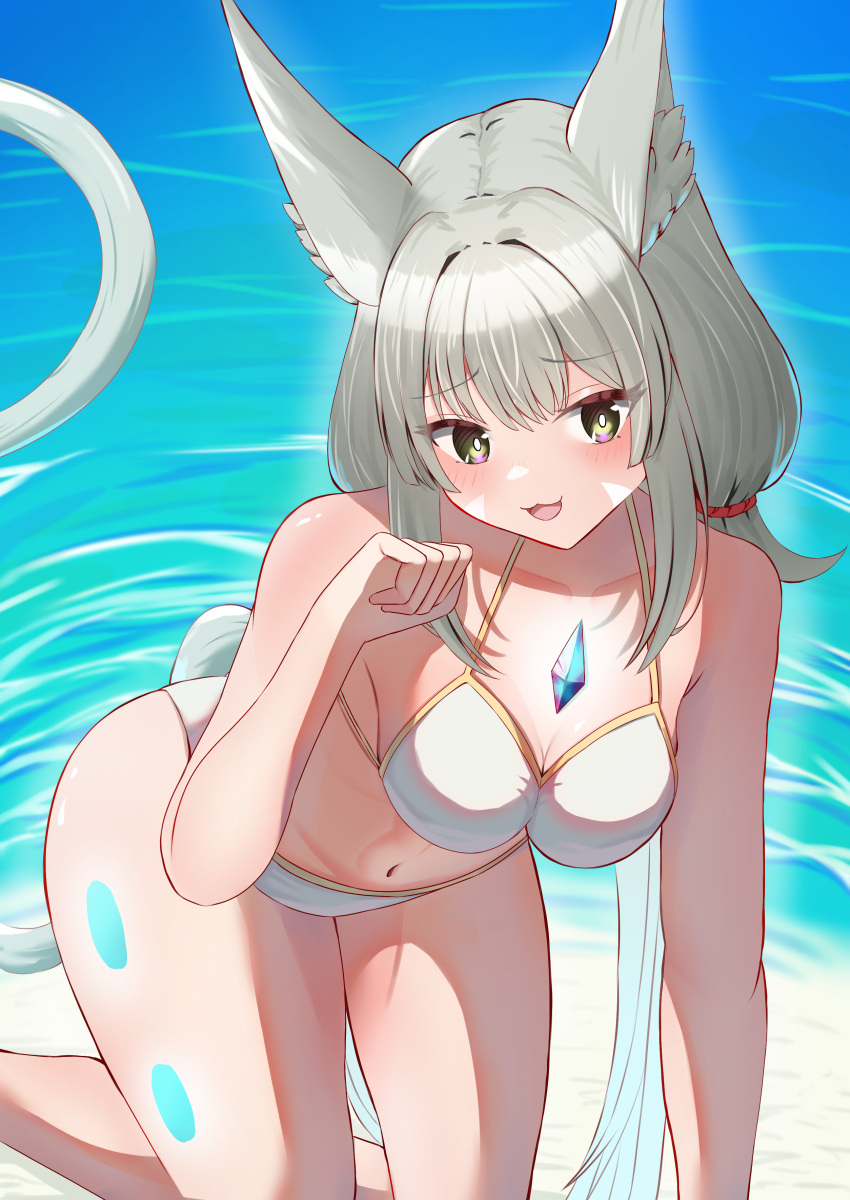 1girl 1girl :3 absurd_res all_fours animal_ears bikini breasts cat_ears cat_tail chest_jewel cleavage eteko_(eteco30) grey_hair high_res looking_at_viewer nia nia_(blade)_(xenoblade) nia_(xenoblade) paw_pose smile swimsuit tail very_long_ears white_bikini xenoblade_(series) xenoblade_chronicles_2