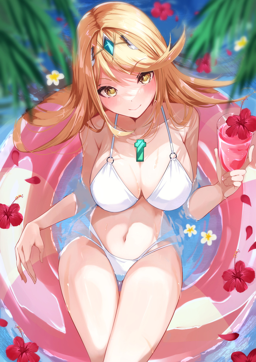 1girl absurd_res alluring alternate_costume big_breasts bikini blonde_hair high_res innertube mythra nintendo risumi_(taka-fallcherryblossom) swim_ring swimsuit xenoblade_(series) xenoblade_chronicles_2 yellow_eyes