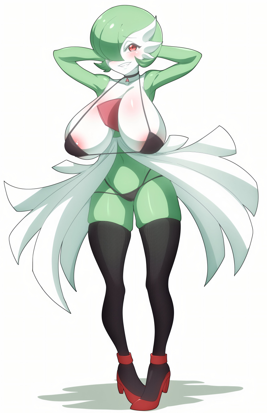 1girl big_ass big_breasts bikini black_thigh_highs cute gardevoir green_hair green_skin kdtwifi platform_shoes posing seductive white_dress white_skin