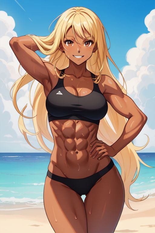 abs ai_generated beach blonde_hair brown_eyes looking_at_viewer medium_breasts midriff navel nuggeto sports_bra underwear wide_hips