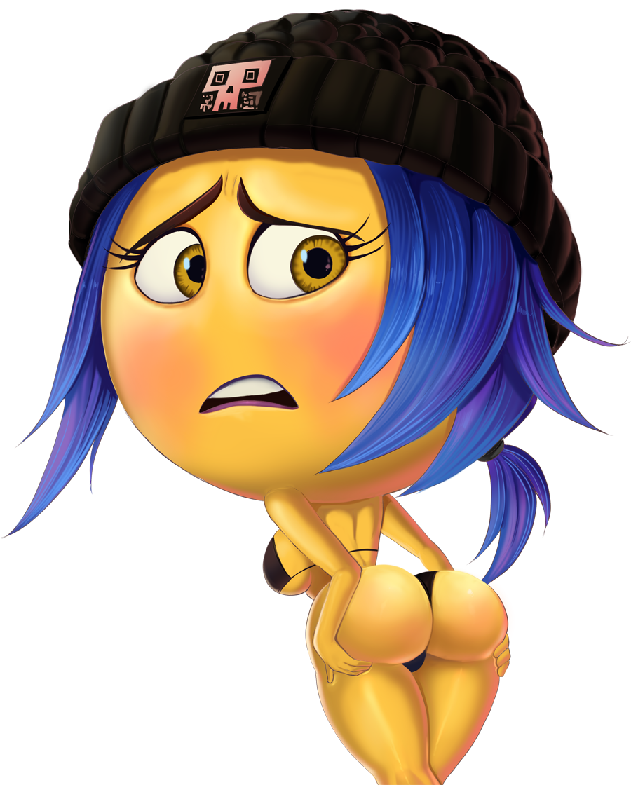 1girl 2d ass bare_shoulders beanie bikini bikini_bottom bikini_top blue_hair blush bra breasts cleavage color covered_breasts covered_nipples emoji emoji_(race) female_only hat jailbreak looking_back open_mouth panties ponytail shadman short_hair sideboob skull the_emoji_movie yellow-skinned_female yellow_skin