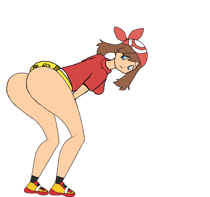 2024 ass ass blue_eyes brown_hair exposed_butt may_(pokemon) partially_clothed pokemon red_shirt shy