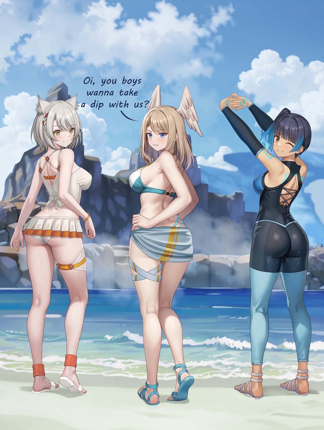 3_girls animal_ears ass beach big_breasts bikini blue_eyes blue_footwear blue_one-piece_swimsuit blue_sky blunt_bangs blurry blurry_background braid cat_ears cloud cloudy_sky commission day english_text eunie_(xenoblade) feet fiery_hair full_body green_eyes grey_footwear grey_hair heel_up high_res impossible_clothes impossible_swimsuit kneepits legs light_brown_hair looking_back mio_(xenoblade) mountainous_horizon multiple_girls nipples ocean one-piece_bikini sandals sena_(xenoblade) side_ponytail sky smile standing swept_bangs swimsuit toenails toes vodka13 white_footwear xenoblade_(series) xenoblade_chronicles_3 yellow_eyes